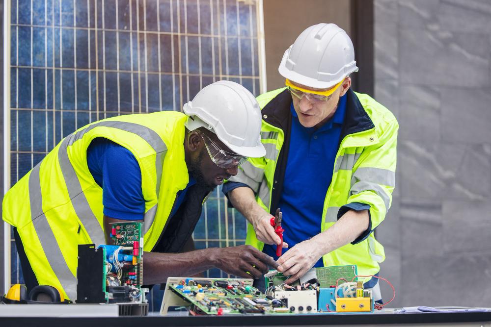 engineer-working-repairing-electric-panel-with-solar-panels-background-concept-teamwork-training-renewable